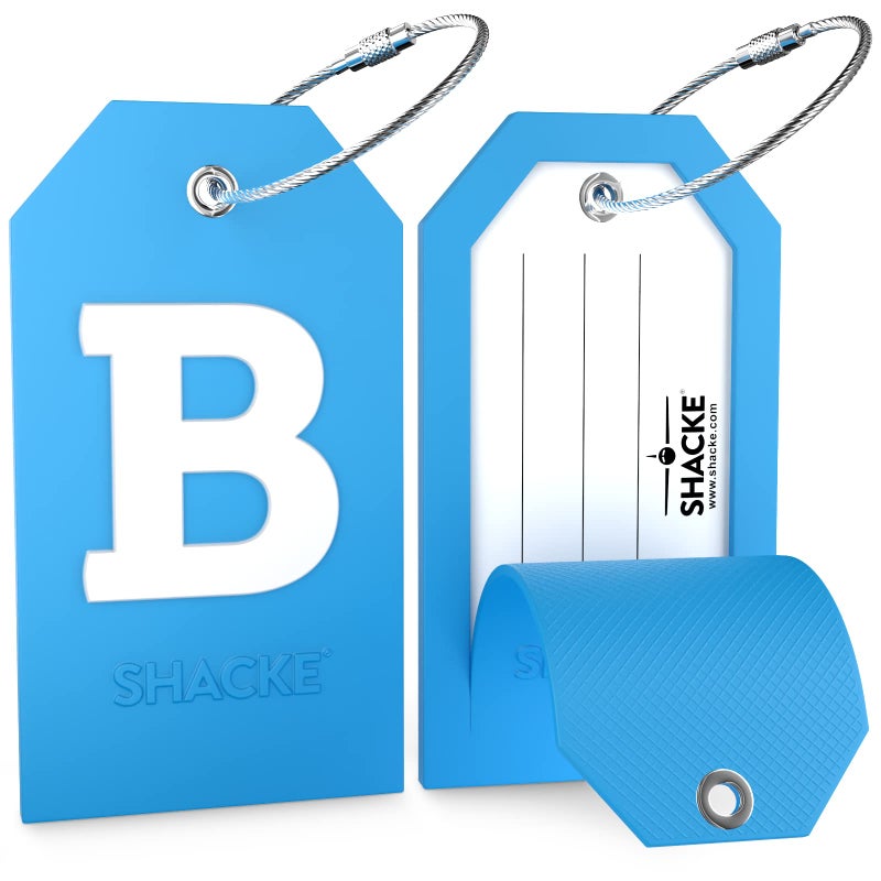 Shacke Initial Luggage Tag with Full Privacy Cover and Stainless Steel Loop - Aqua Teal (Letter B) - Image 2